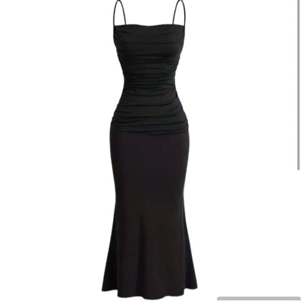 Solid Ruched Cami Dress -Sleeveless Bodycon Black Size Large New